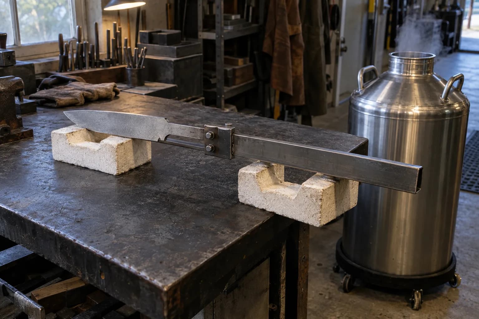 Gray knife blank clamped to a long steel carrier on two firebrick cradles beside an open steel cryogenic Dewar.