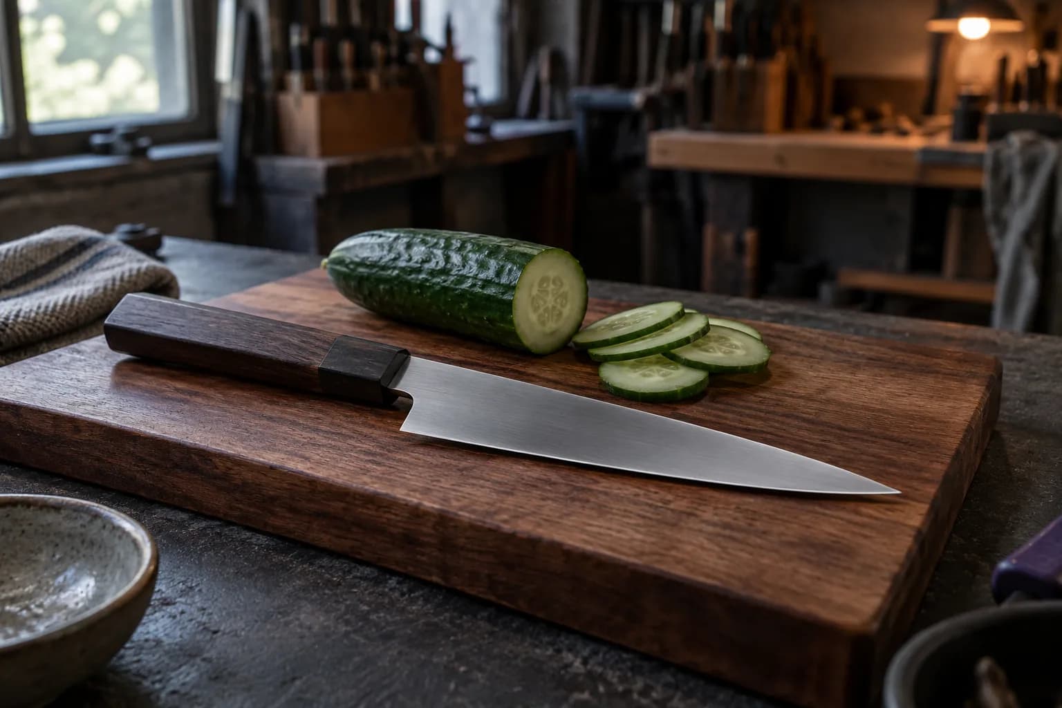 Slender kitchen knife on a dark wooden board beside a cucumber and fanned thin slices, with a blurred shop behind.