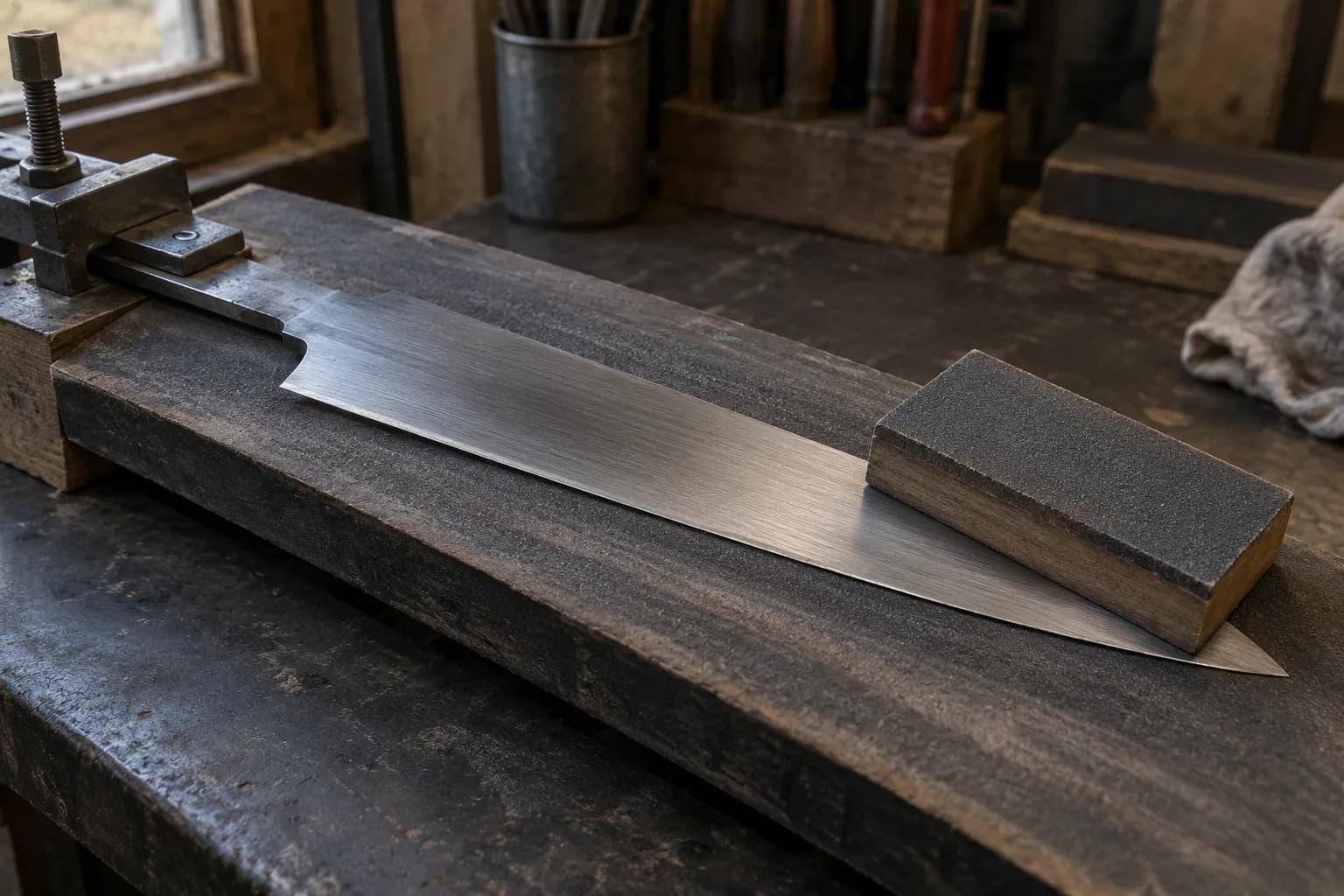 Broad kitchen blade clamped by its tang on a sanding board with a plain abrasive block resting on the bevel near the tip.