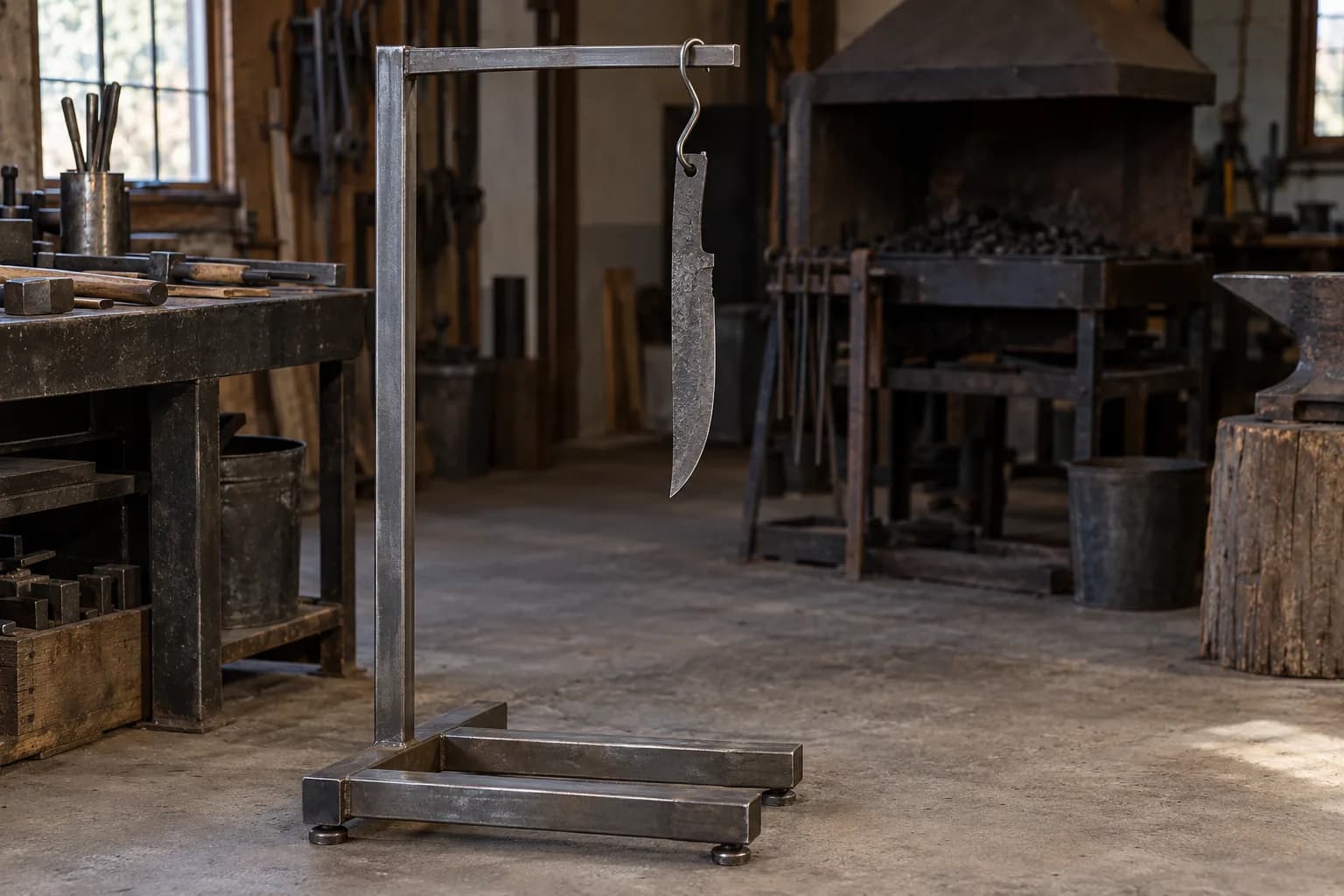 Rough forged knife blank hanging point-down from an S-hook on a steel stand in a dim shop, forge and anvil behind