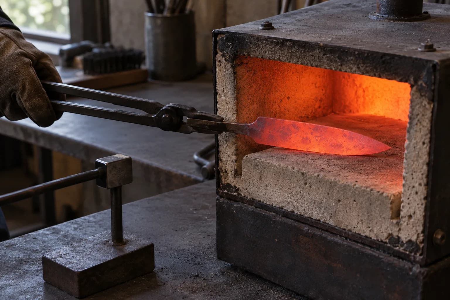 Knife blank glowing orange-red on the refractory floor of a compact forge, held by long tongs gripping its tang