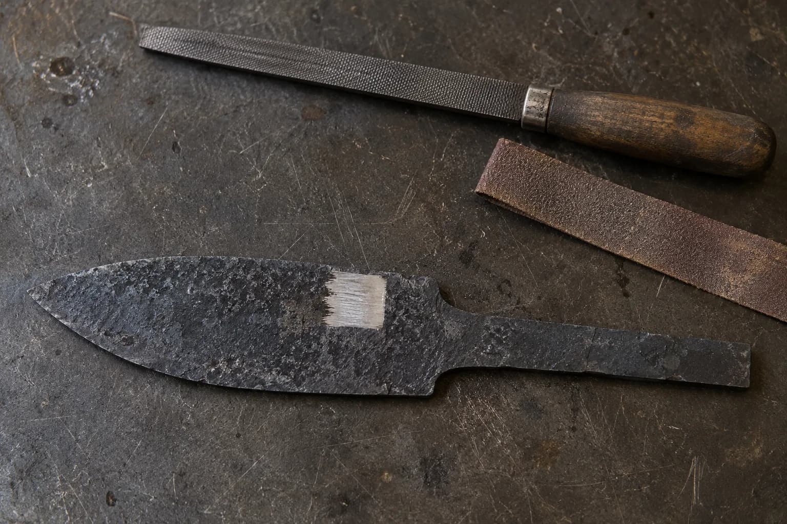 Forged blade blank on a steel bench with one square patch ground bright through its dark scale, beside a file
