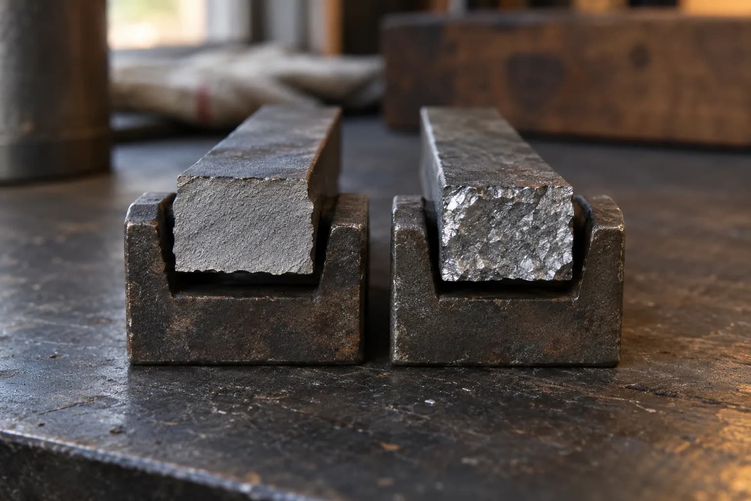 Two broken steel test bars in bench cradles, the left fracture fine and matte gray, the right coarse and glittering