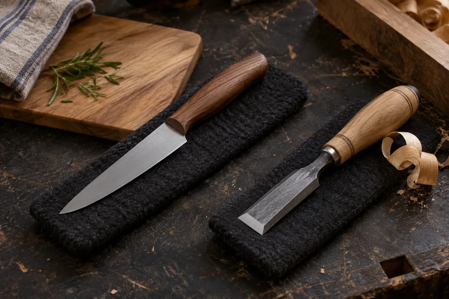 Plain kitchen knife with a walnut handle and a bevel-edge chisel lie on dark pads beside a cutting board and wood shavings.