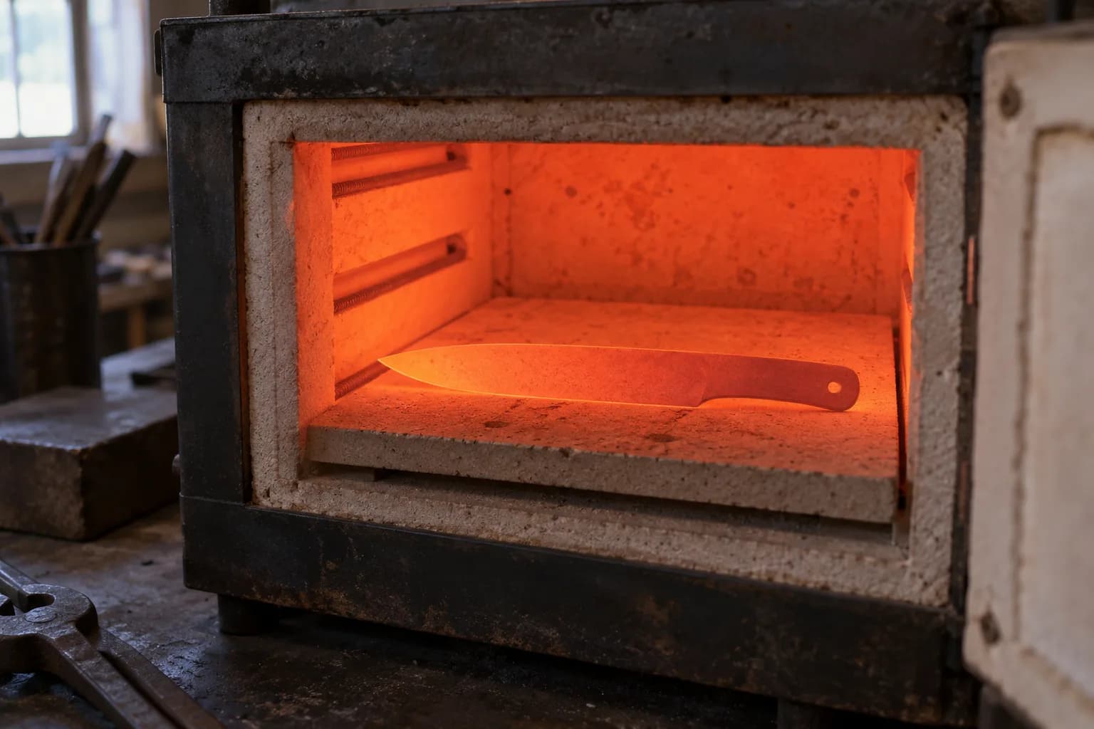 Plain unfinished knife blank lies flat on a firebrick shelf inside an open kiln glowing evenly orange-red.