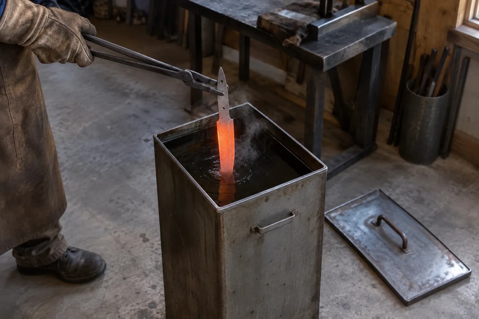 Gloved hand holds long tongs as a glowing orange blade goes point-first into dark oil in a tall steel quench tank.