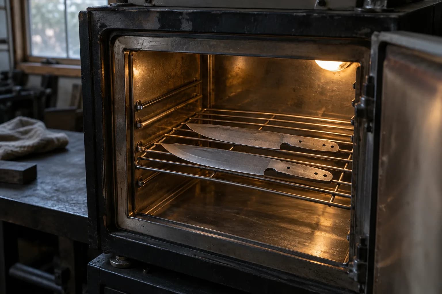 Two gray knife blanks lie spaced on a wire rack inside an open tempering oven lit by a single warm lamp.