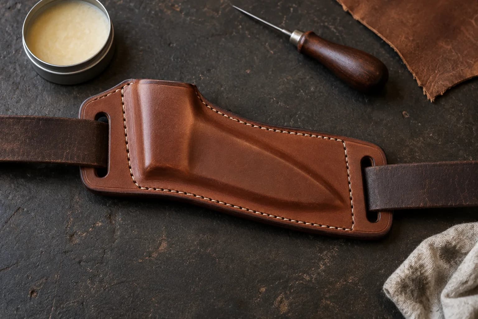 Overhead view of a tan stitched leather pancake sheath with a molded blade pocket and belt slots in both wings, on a dark bench