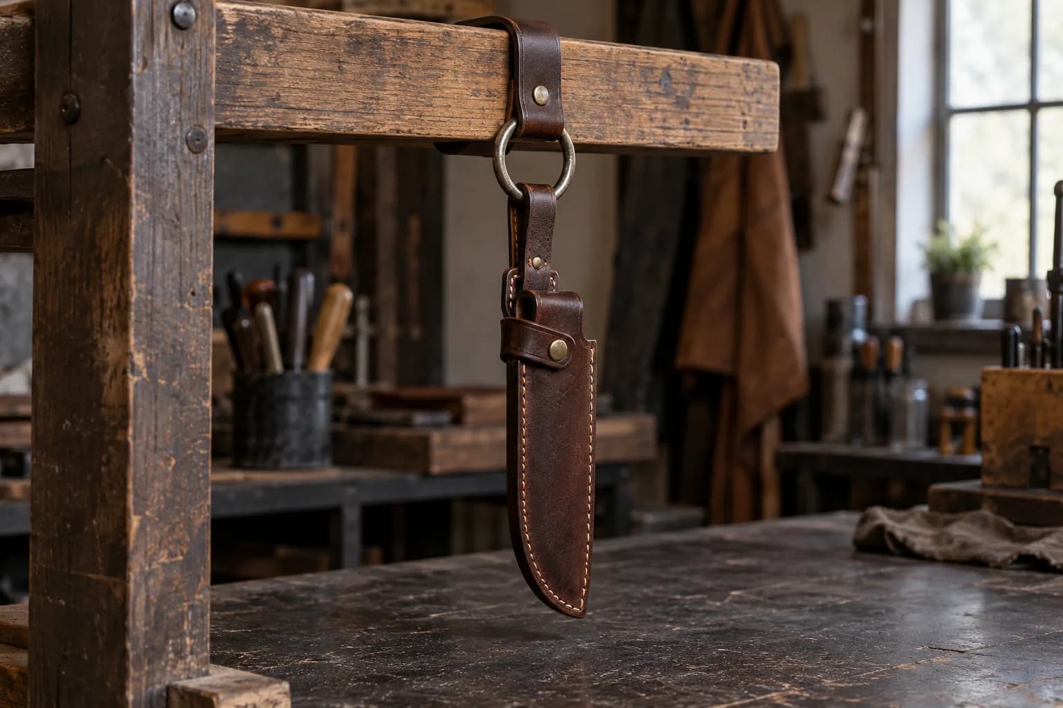 Leather sheath hanging from a metal ring and doubled strap looped over a wooden rail in a small shop