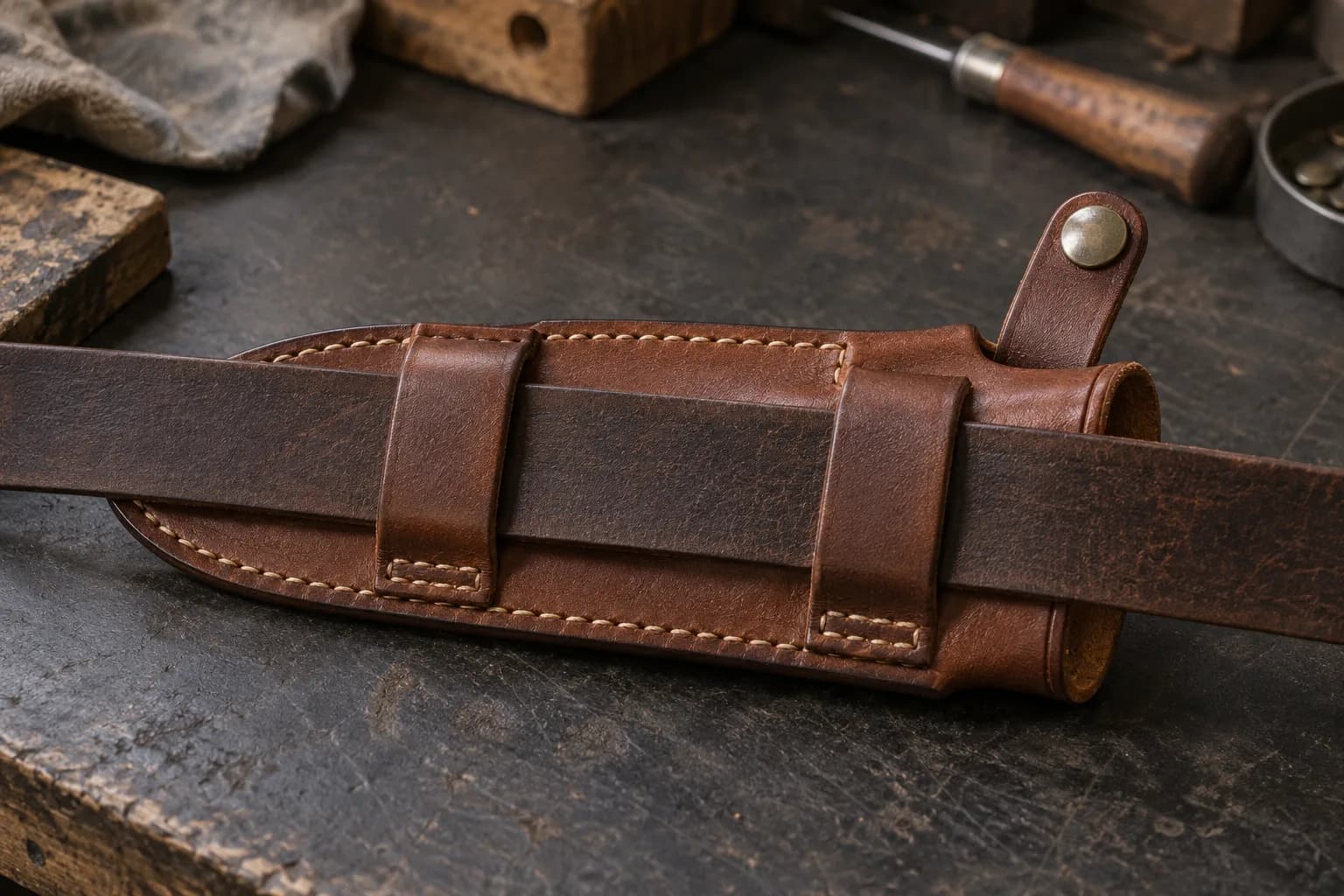 Brown leather scout sheath back with two stitched belt loops, a belt threaded through and a snap strap at the mouth