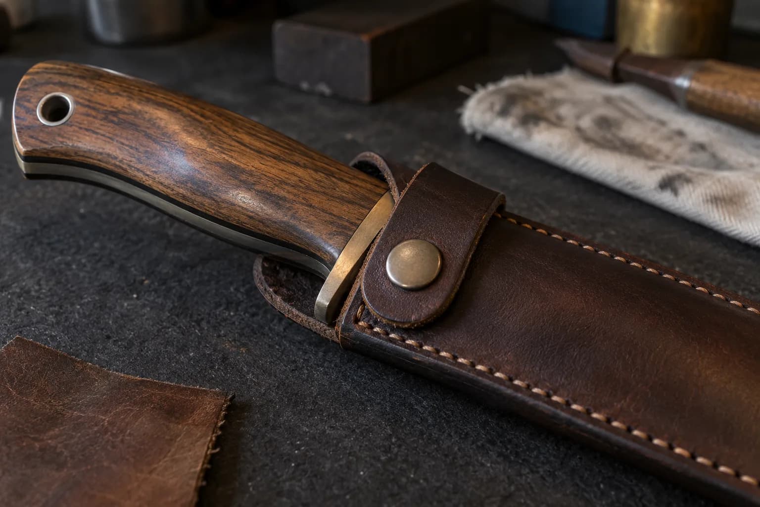 Brown leather snap strap closed with a brass snap across a deep-pouch sheath mouth at a knife's brass guard and wood handle.