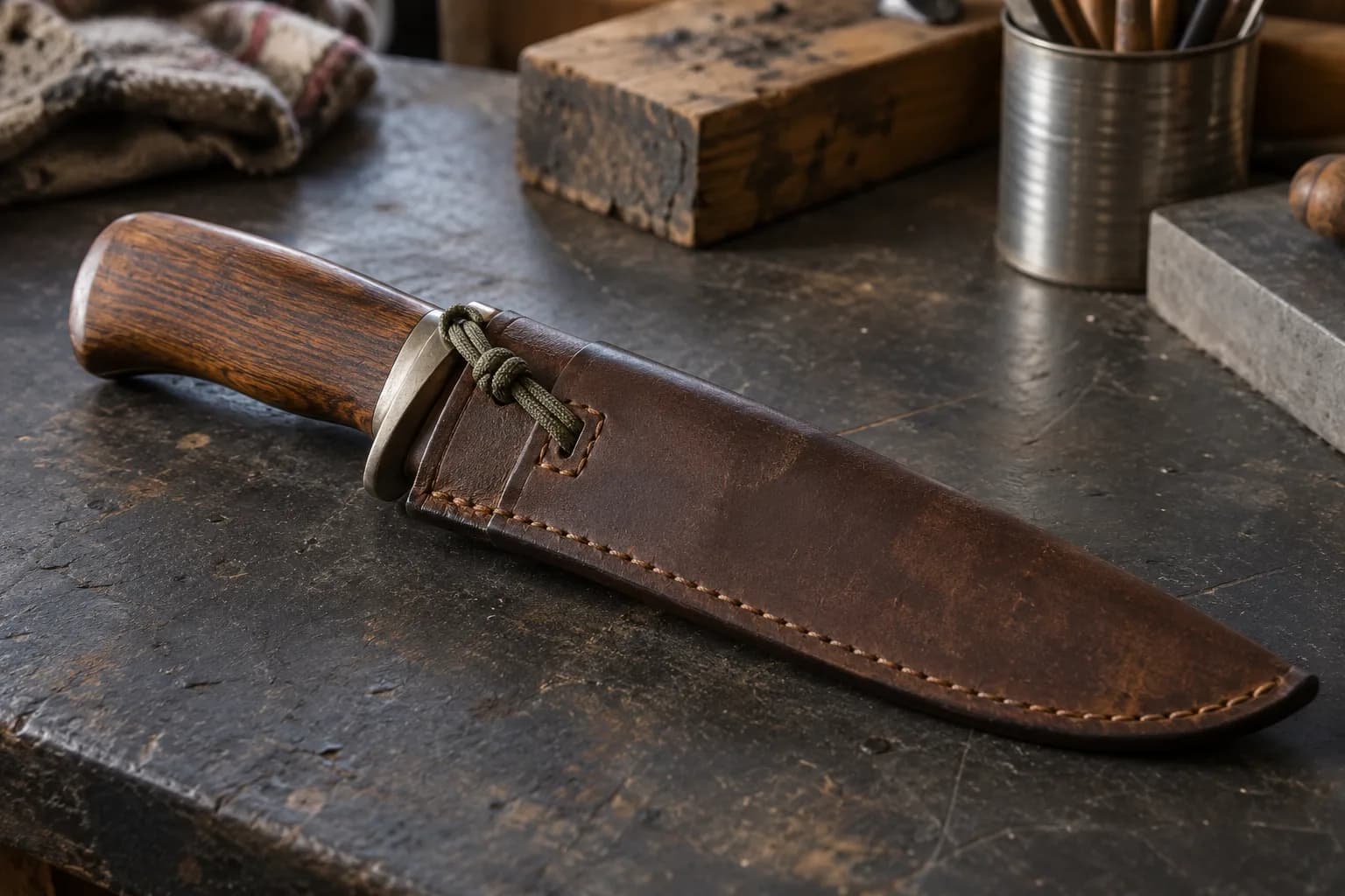 Brown leather sheath on a dark bench with an olive cord knotted from the knife guard through a stitched slot in the sheath