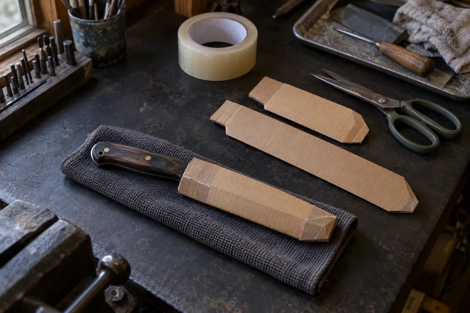 Knife with its blade taped inside a fitted cardboard sleeve beside two spare sleeves, clear tape and closed shears
