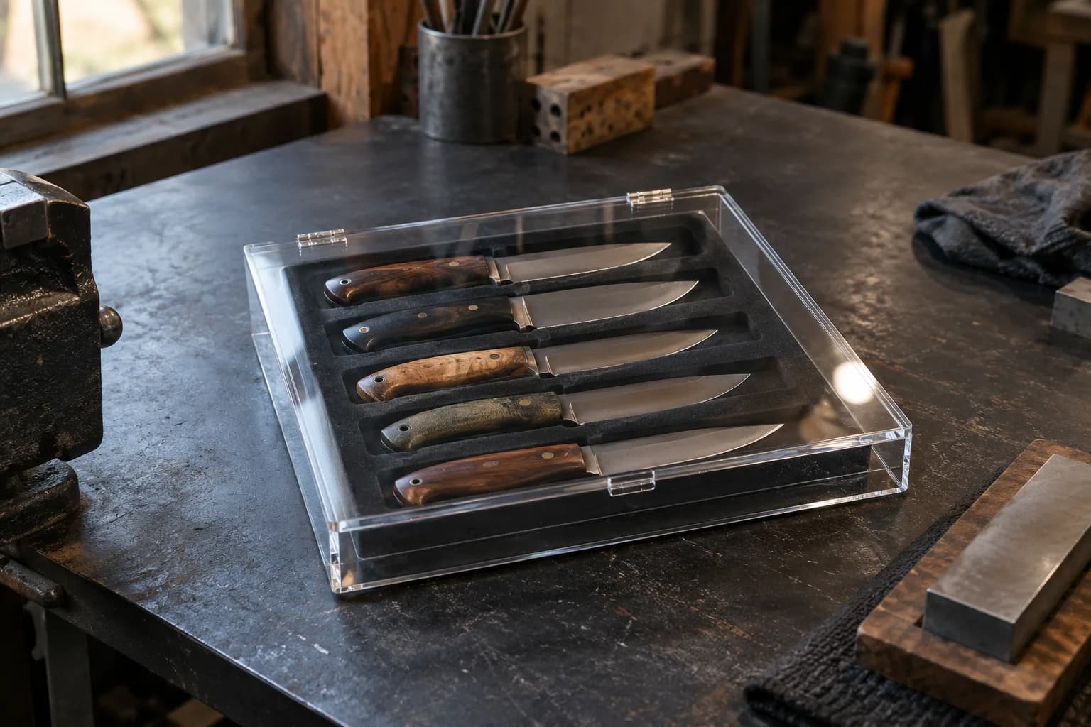 Five plain knives with wood handles resting in black foam recesses inside a closed clear hinged case on a shop bench