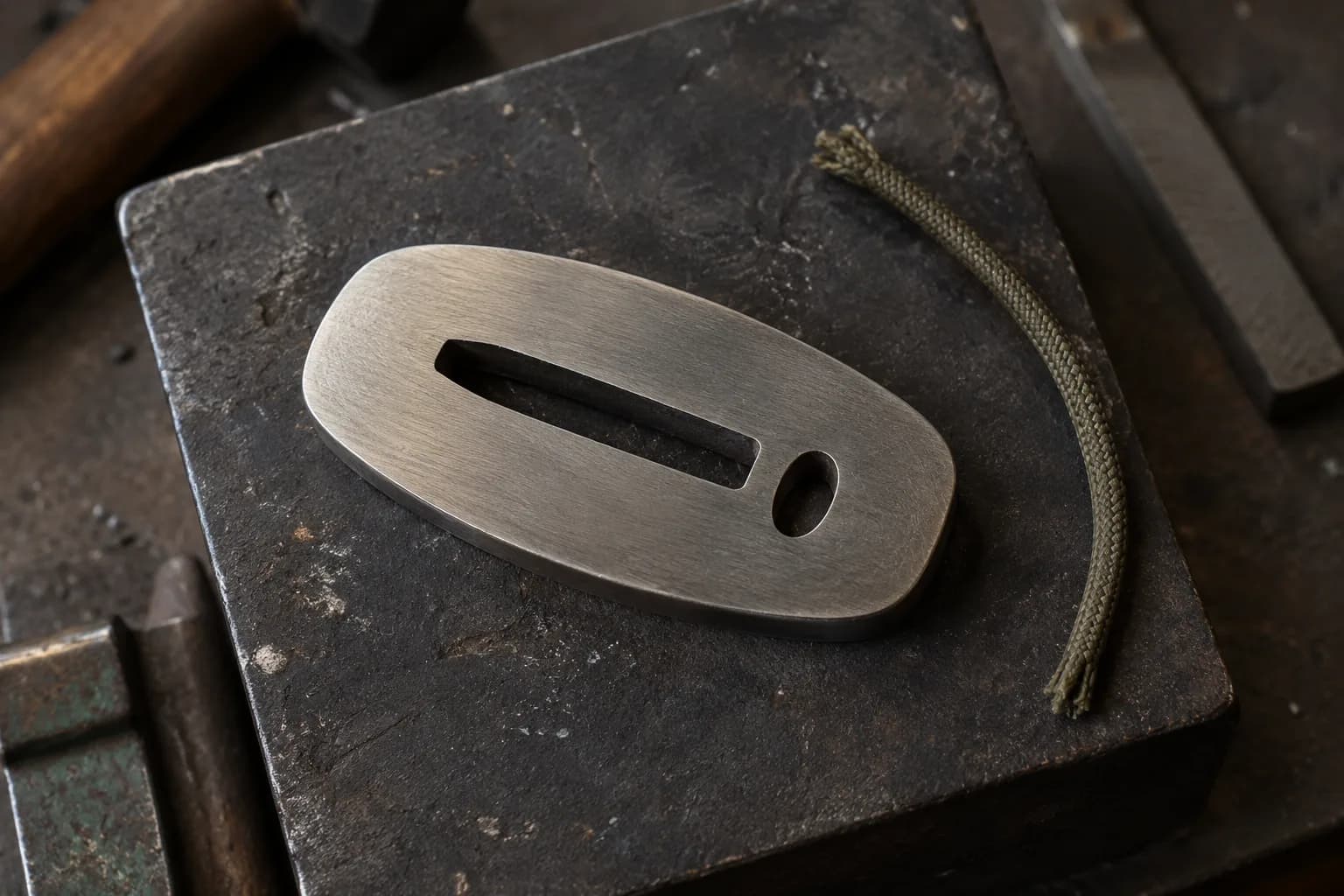 Brushed steel guard blank with a long tang slot and a small rounded tie hole on an anvil block, olive cord beside it.