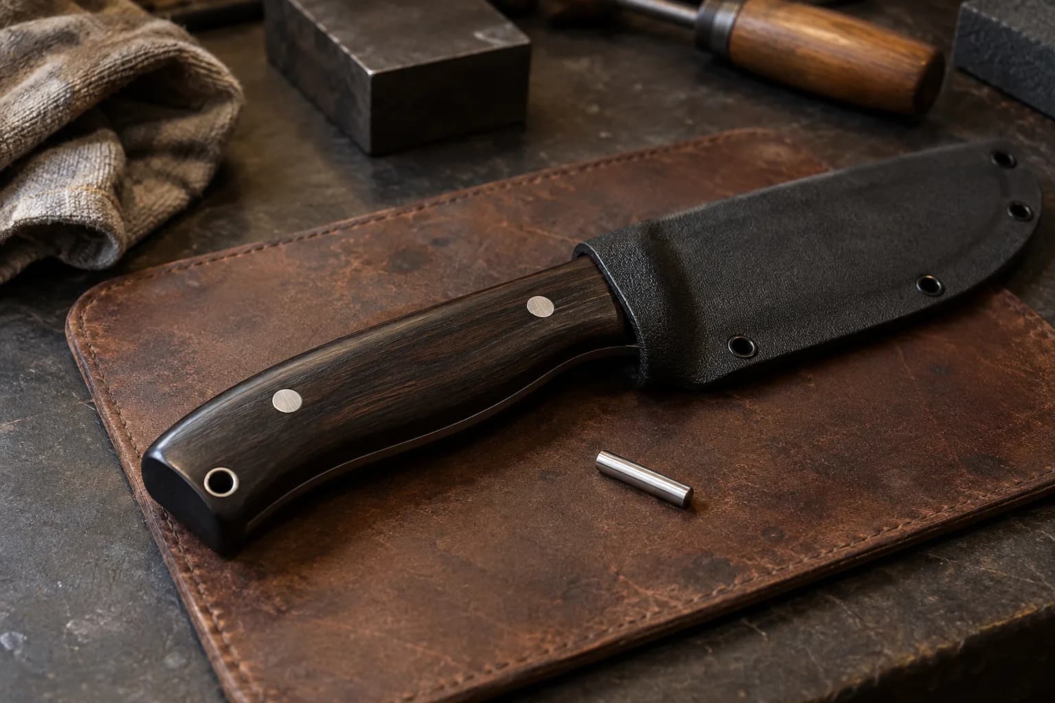 Dark wood knife handle with two flush satin stainless pins on a leather pad, a short pin stock offcut beside it