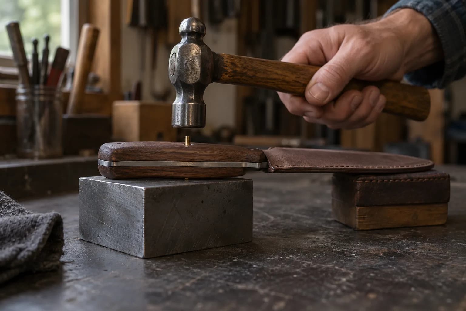 Hand holding a ball-peen hammer above a brass pin in a walnut handle supported on a steel block