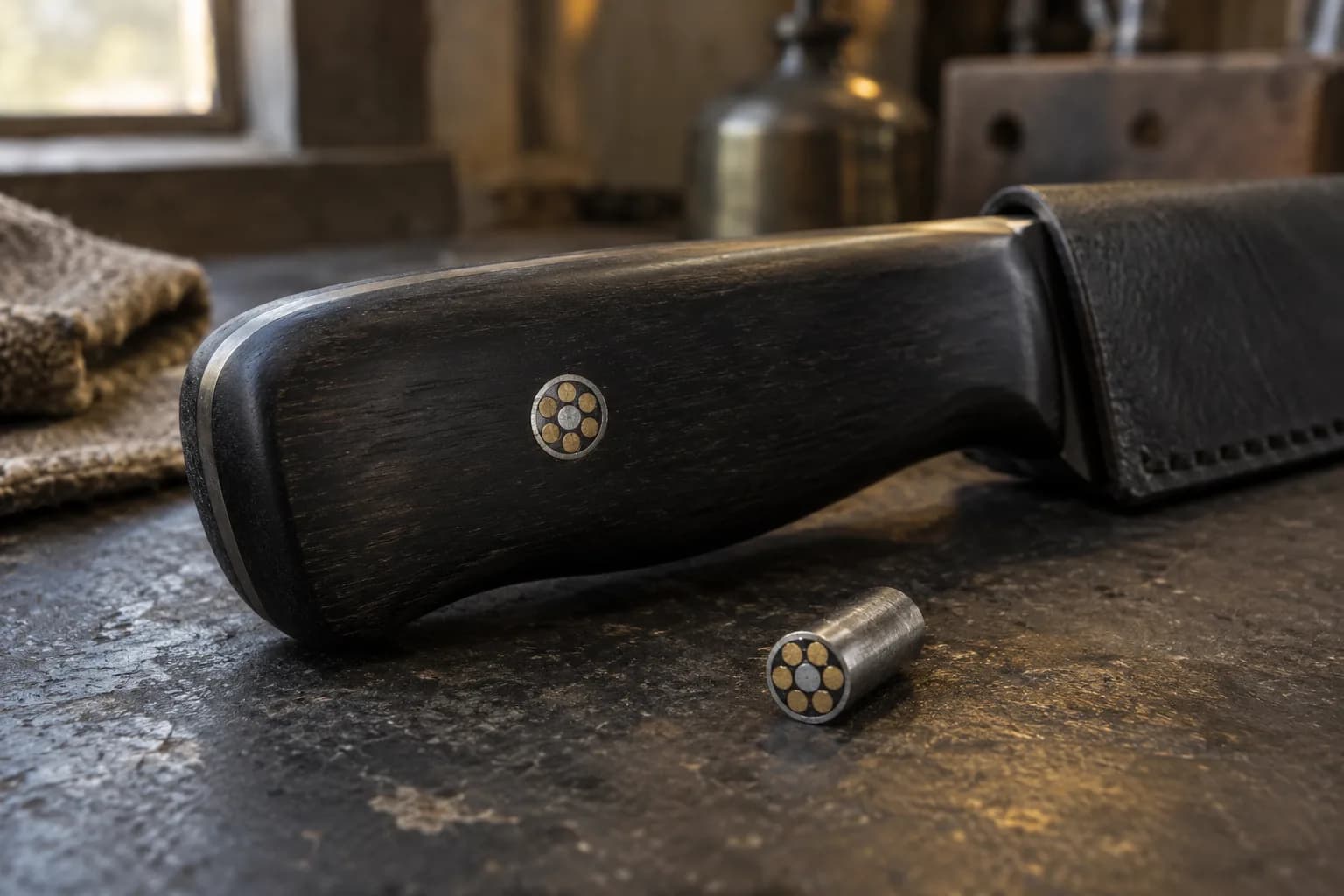 Dark wood knife handle with a flush mosaic pin of brass rods in resin, and a matching cut pin offcut on a dark bench