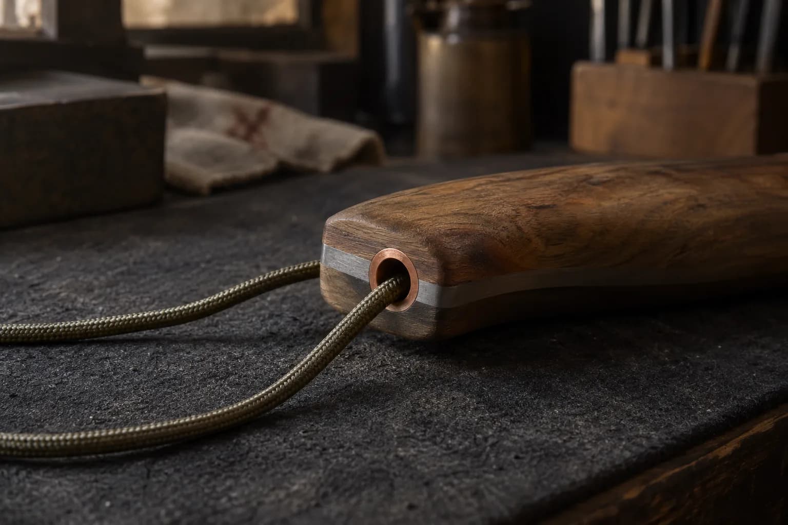 Copper tube set flush through a walnut knife handle with an olive braided cord passing through its open bore
