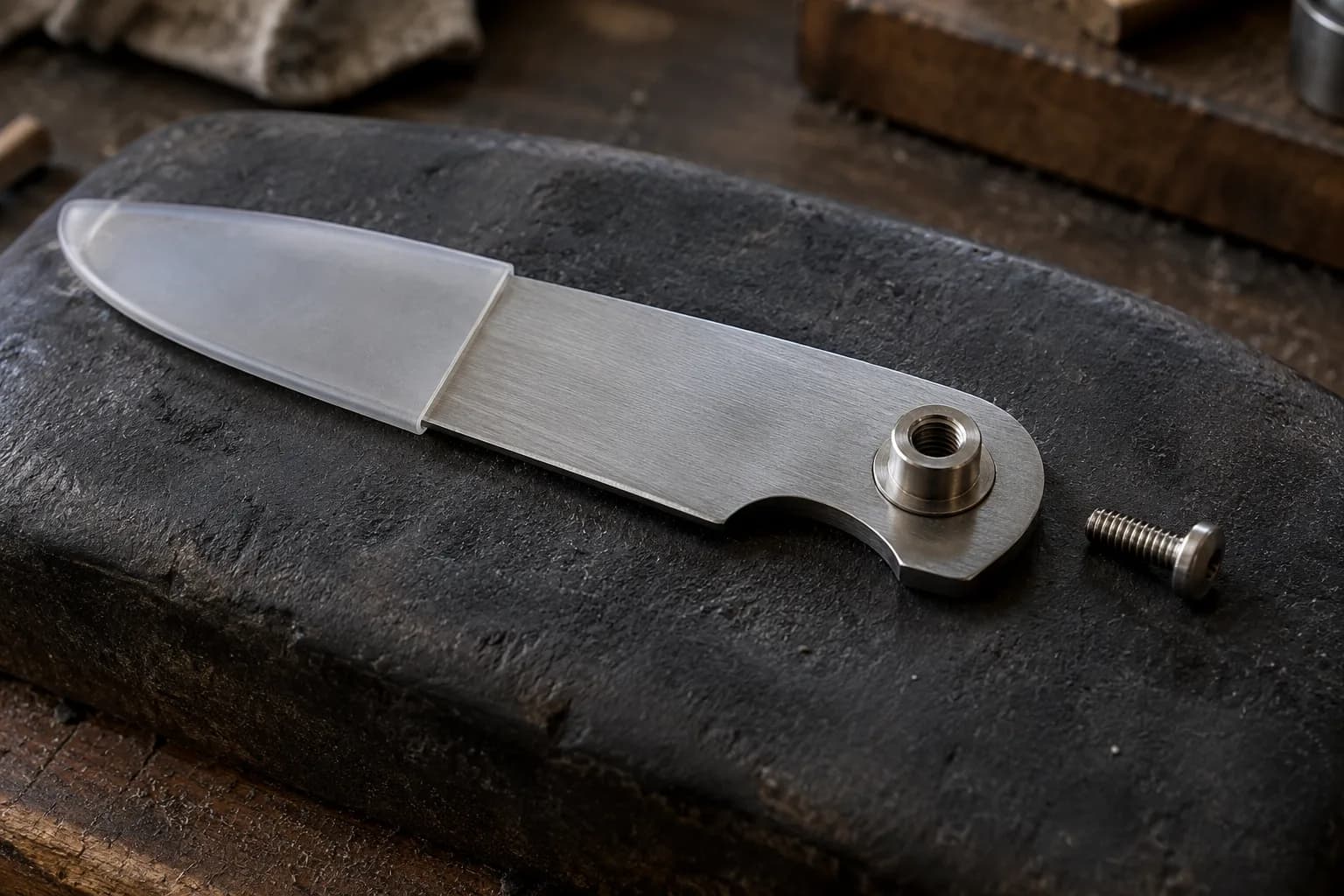 Folder blade with a sleeve over its edge on a dark block; a threaded pivot barrel sits in the tang bore, screw beside it