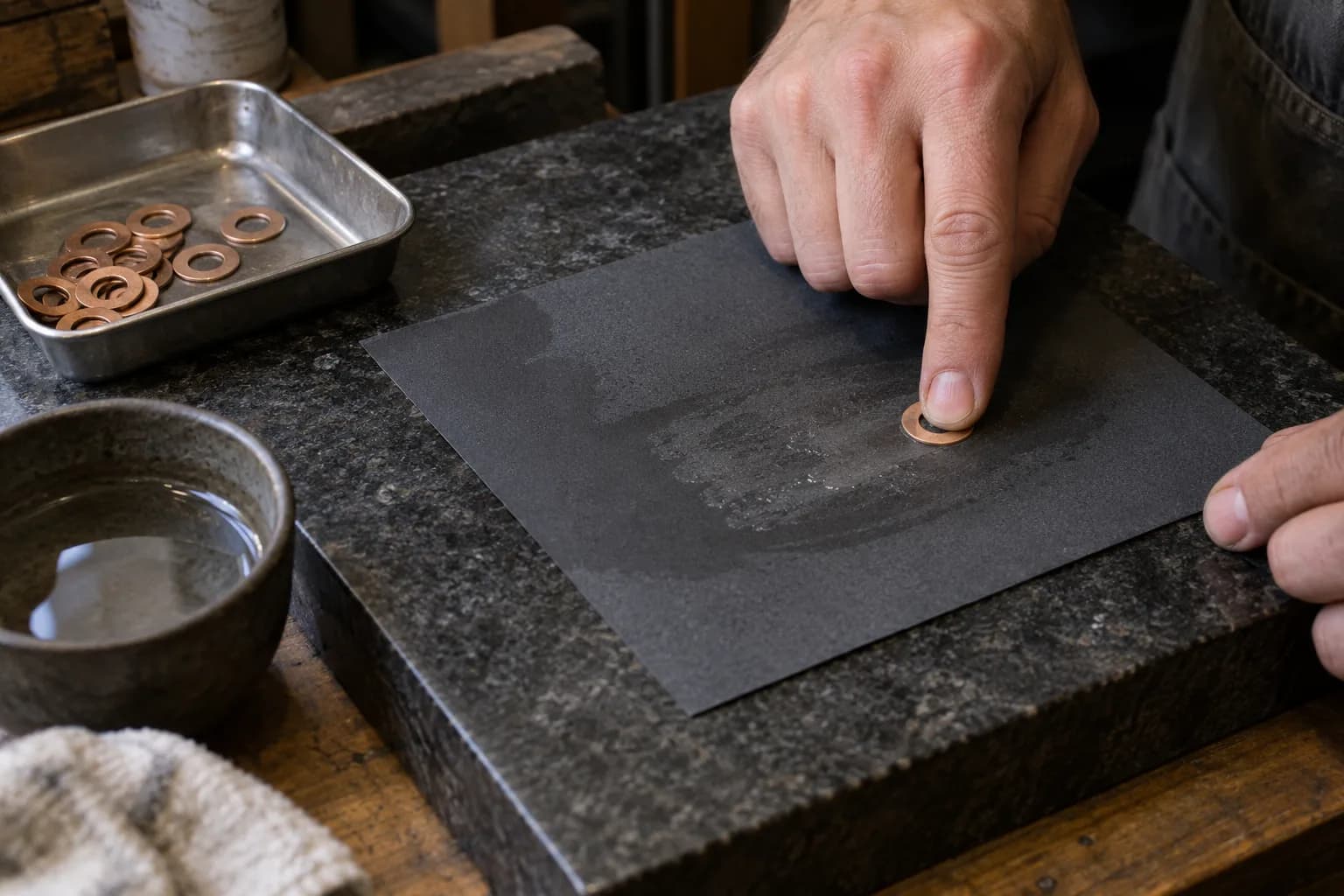Fingertip pressing a small bronze washer flat on dark abrasive paper over a granite plate, with a tray of washers nearby