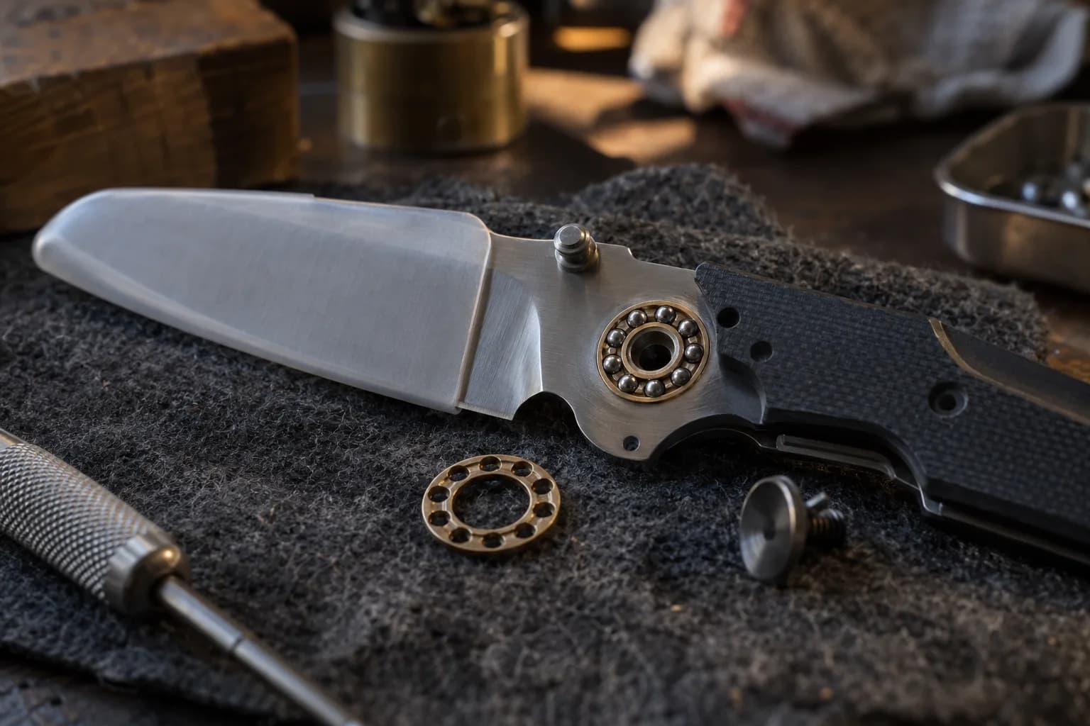 Folder tang with a ring of caged steel balls around the pivot bore, an empty bronze cage and pivot screw beside it