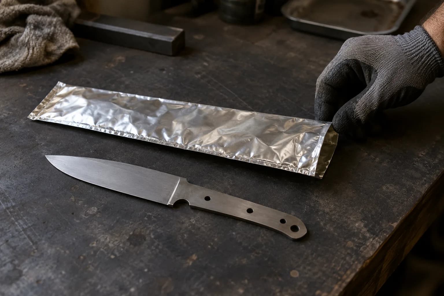 Bare knife blank on a dark bench beside a crimped foil pouch, a gloved hand holding the pouch corner