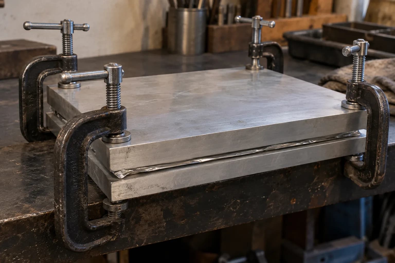 Two thick aluminum slabs with a foil pouch edge between them, held by four C-clamps at the corners on a steel bench