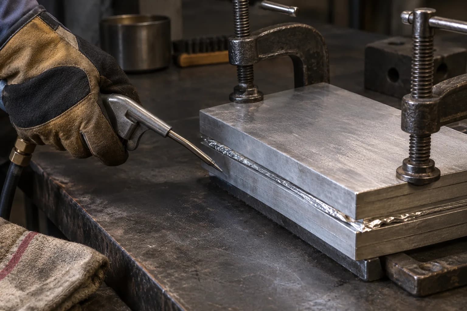 Gloved hand aiming a compressed-air nozzle along the foil seam of two clamped aluminum quench plates on a bench