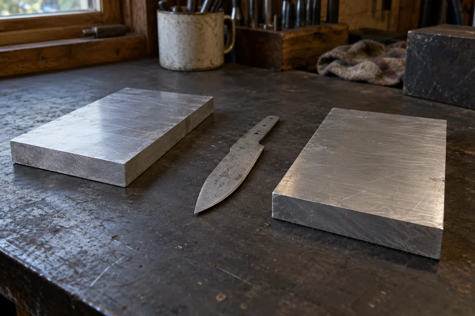 Two thick flat aluminum slabs on a dark bench with a smaller knife blank lying between them, window light behind