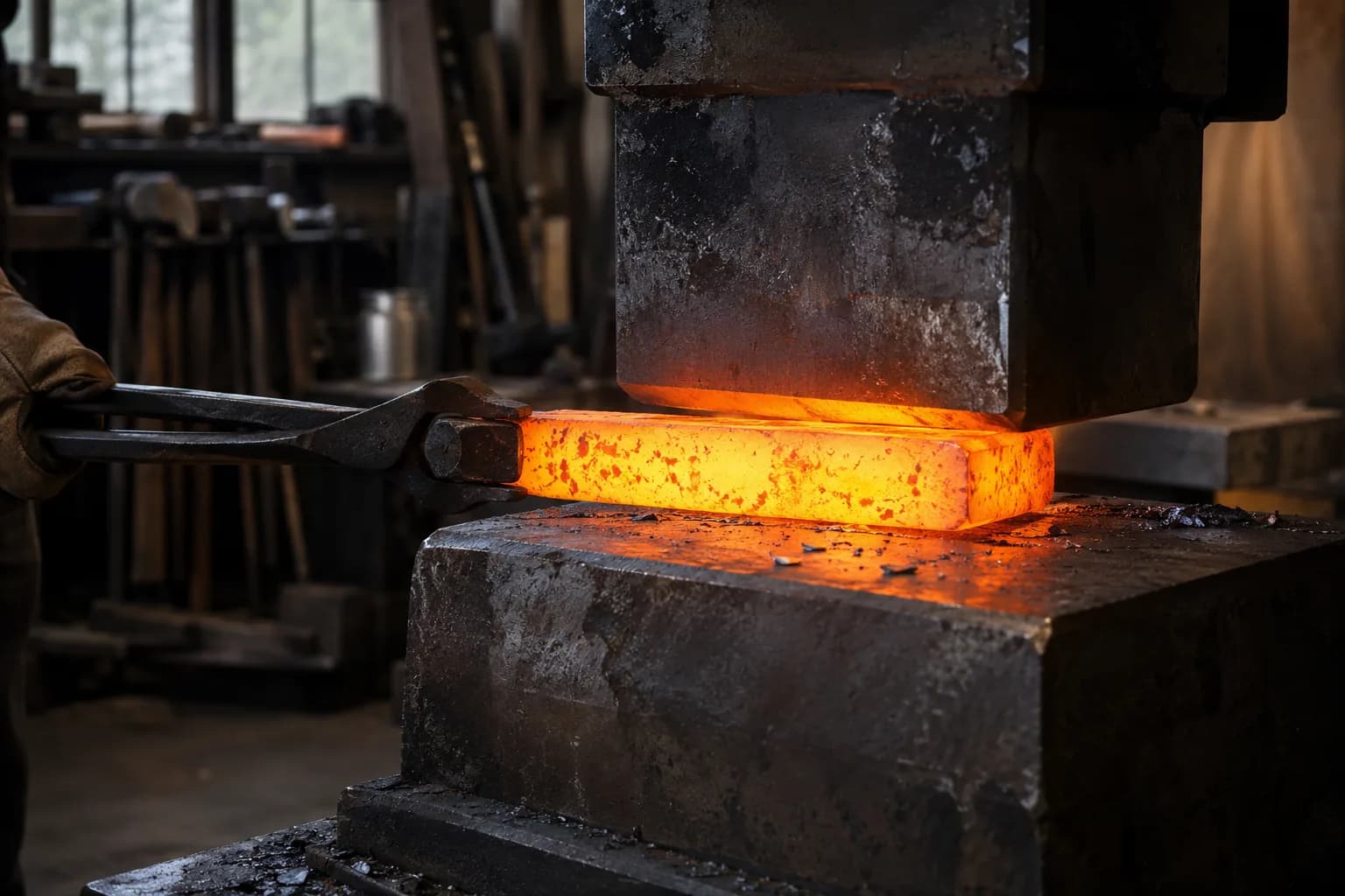 Glowing orange billet held in long tongs between the broad upper and lower dies of a forging press