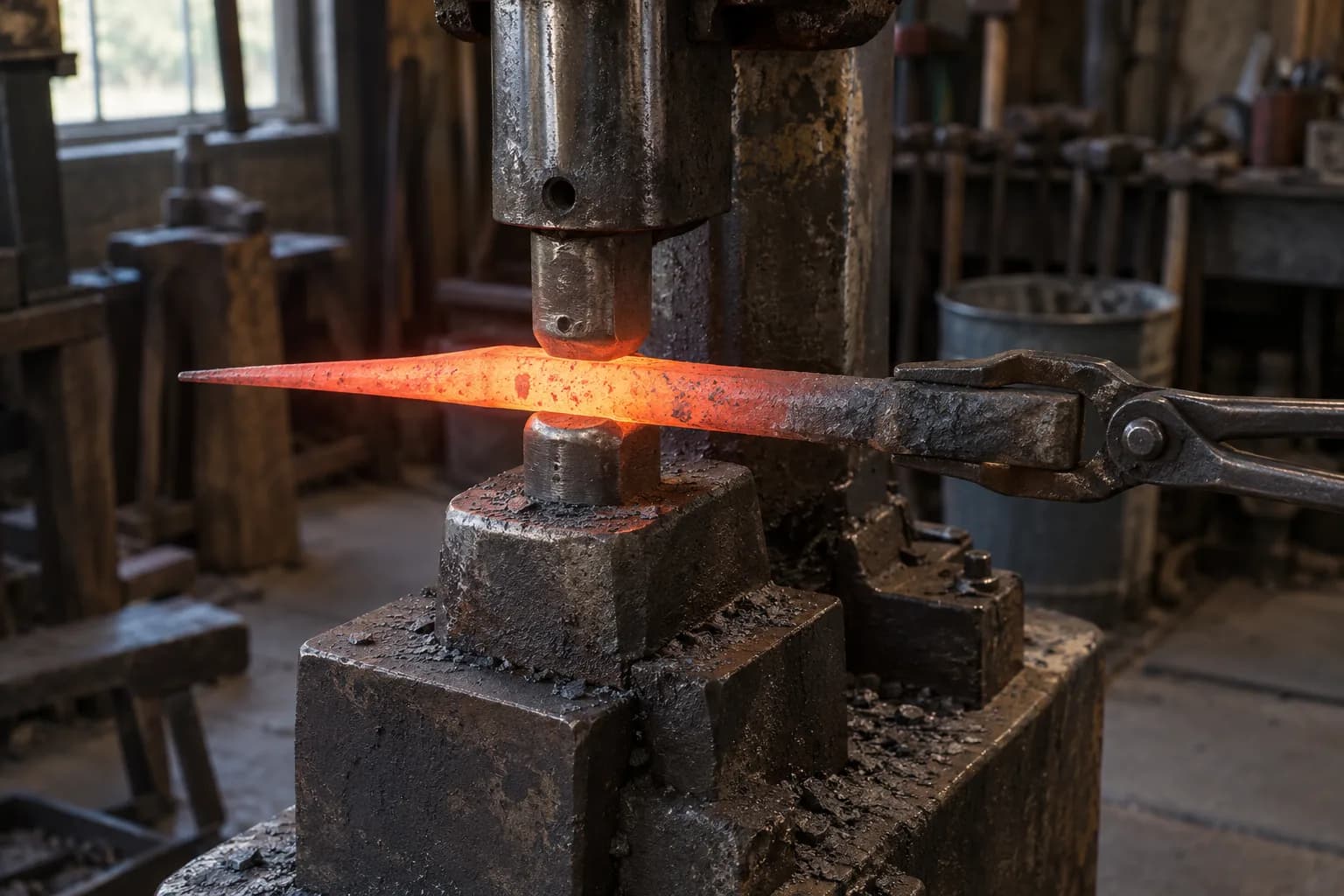 Glowing orange bar drawn to a tapered point on a lower hammer die beneath the upper die, held by long tongs in a dim shop