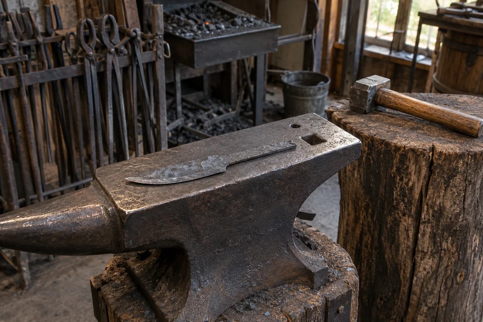 Cold rough-forged knife blank with tang on an anvil, a hand hammer on a stump beside it and tongs racked behind