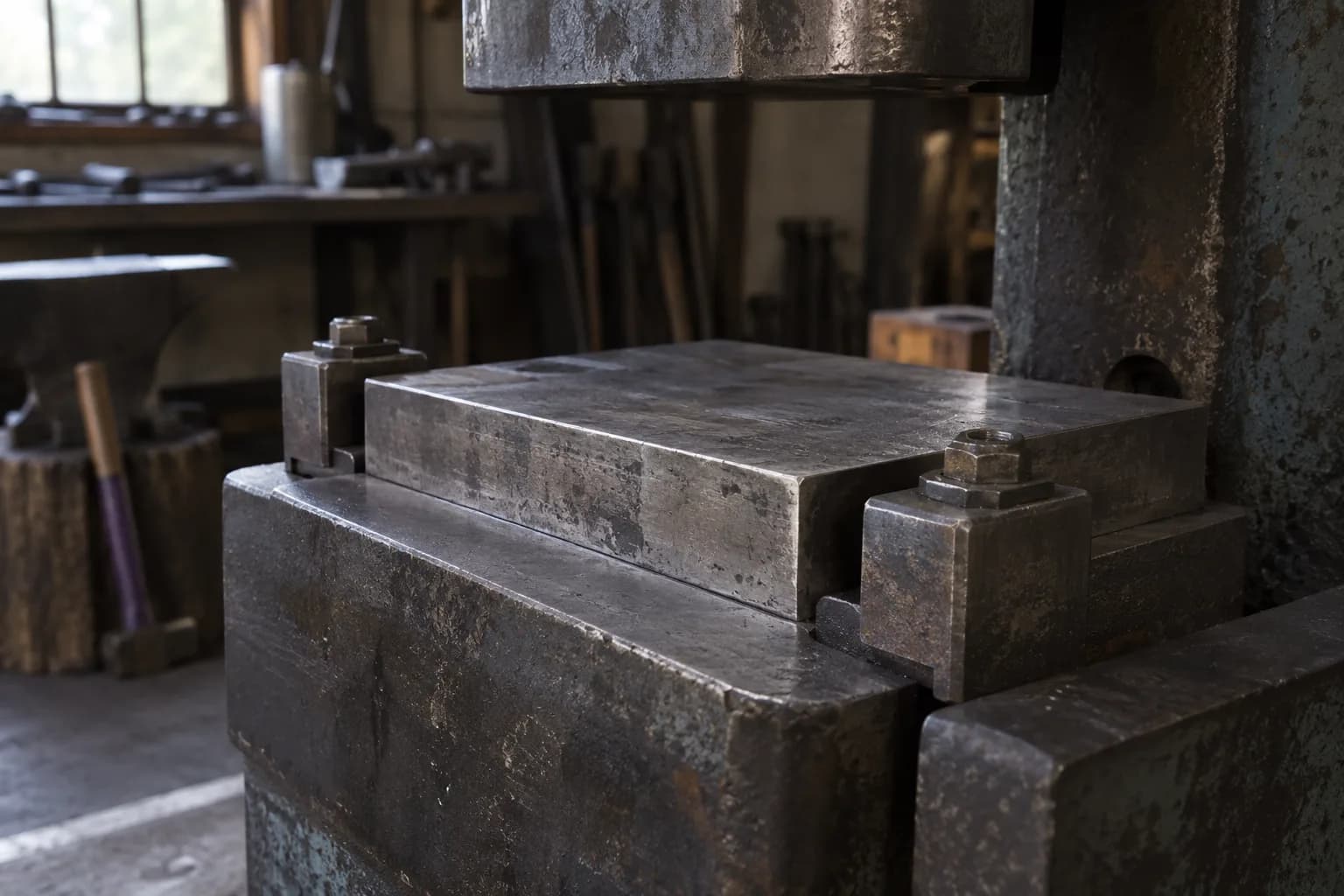 Flat die seated on a forging press's lower holder, secured by two clamp blocks with nuts, upper die raised, gap empty