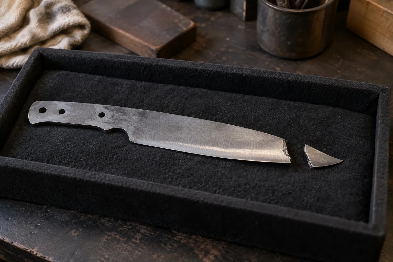 Plain three-hole knife blank with its broken tip lying beside it in a black flocked tray on a dark workbench
