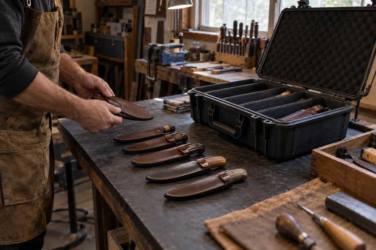 Bladesmith in a canvas apron sheathing knives on a bench beside an open foam-lined hard case holding more sheathed knives