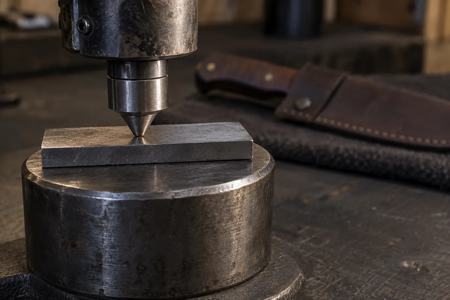 Conical hardness-tester indenter touching a flat steel coupon on a round anvil, with a sheathed knife blurred behind