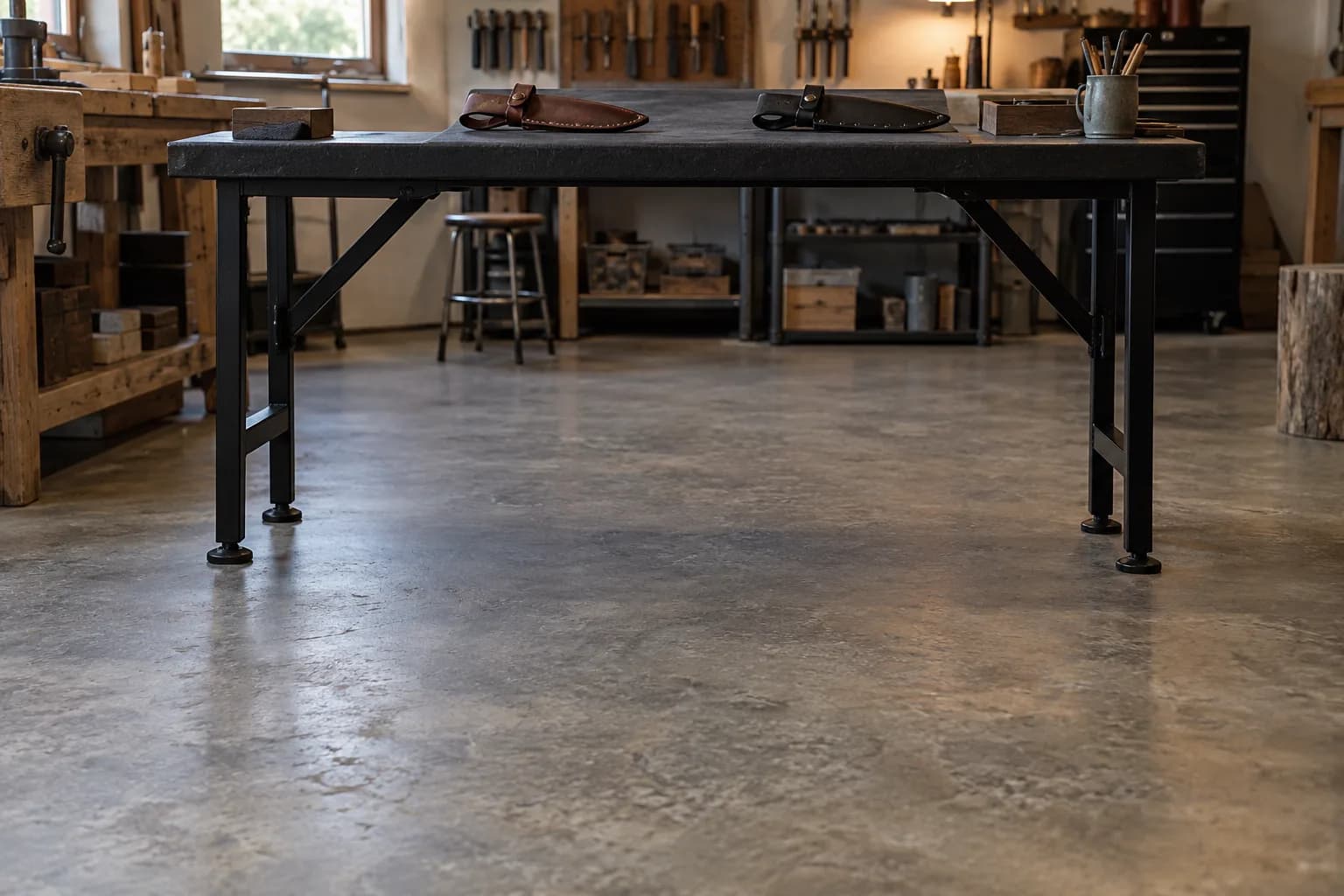 Low view of a sturdy black steel table on a clean concrete shop floor, two sheathed knives on top and open space in front