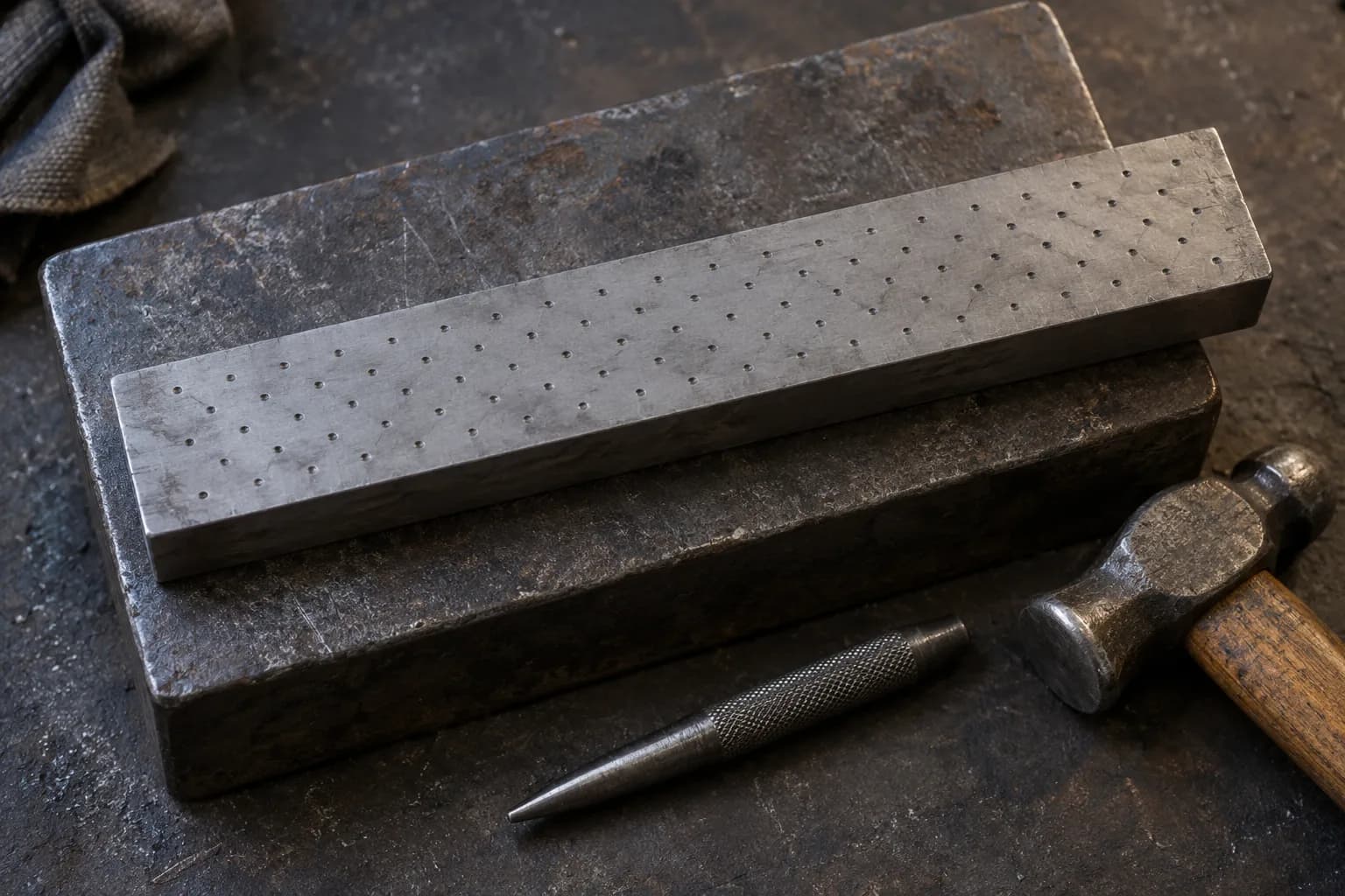 Flat steel bar on a steel block with small punch dimples in offset rows, a center punch and ball-peen hammer beside it