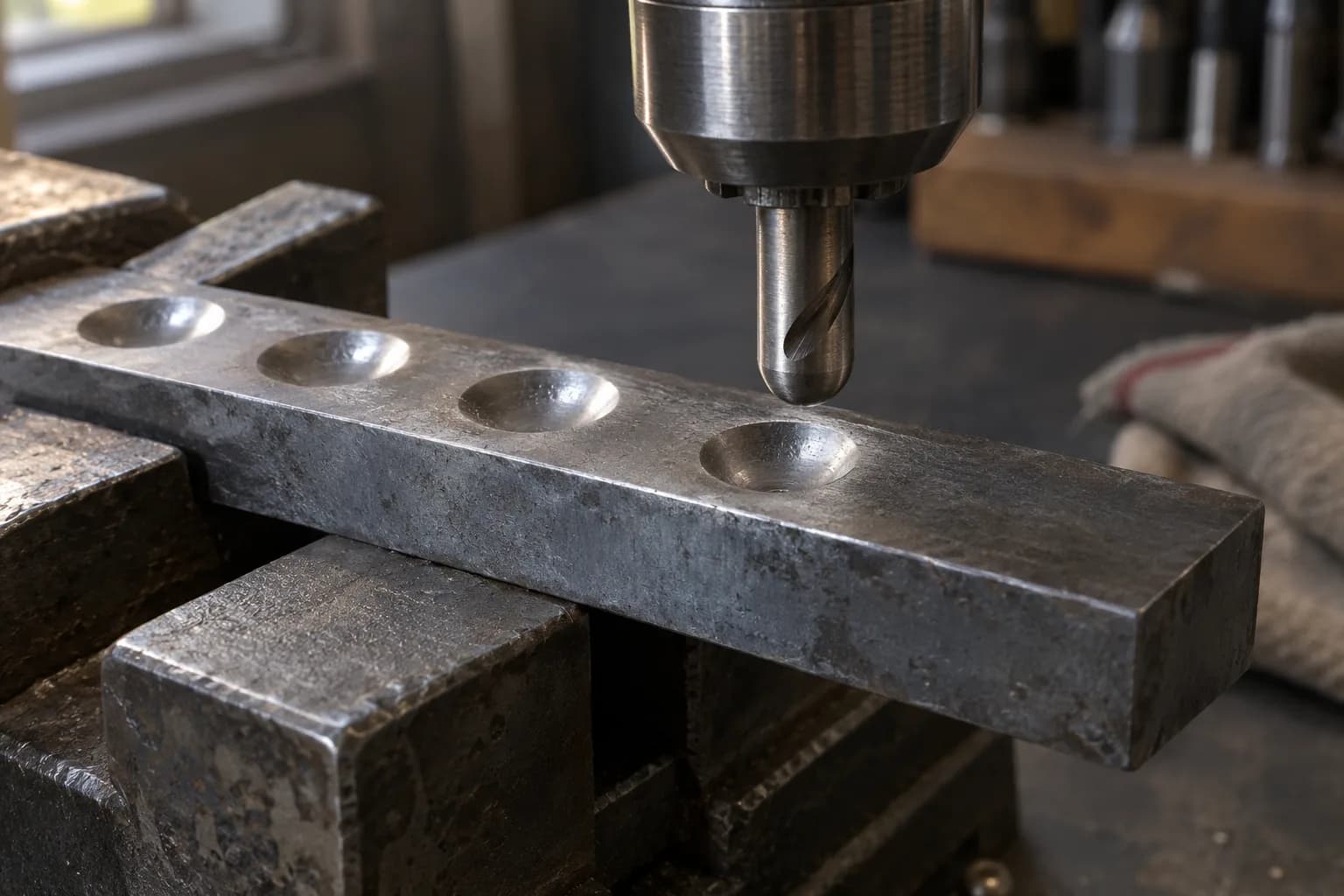 Steel bar clamped in a vise with four shallow rounded dimples, a round-nosed cutter held still in the chuck above