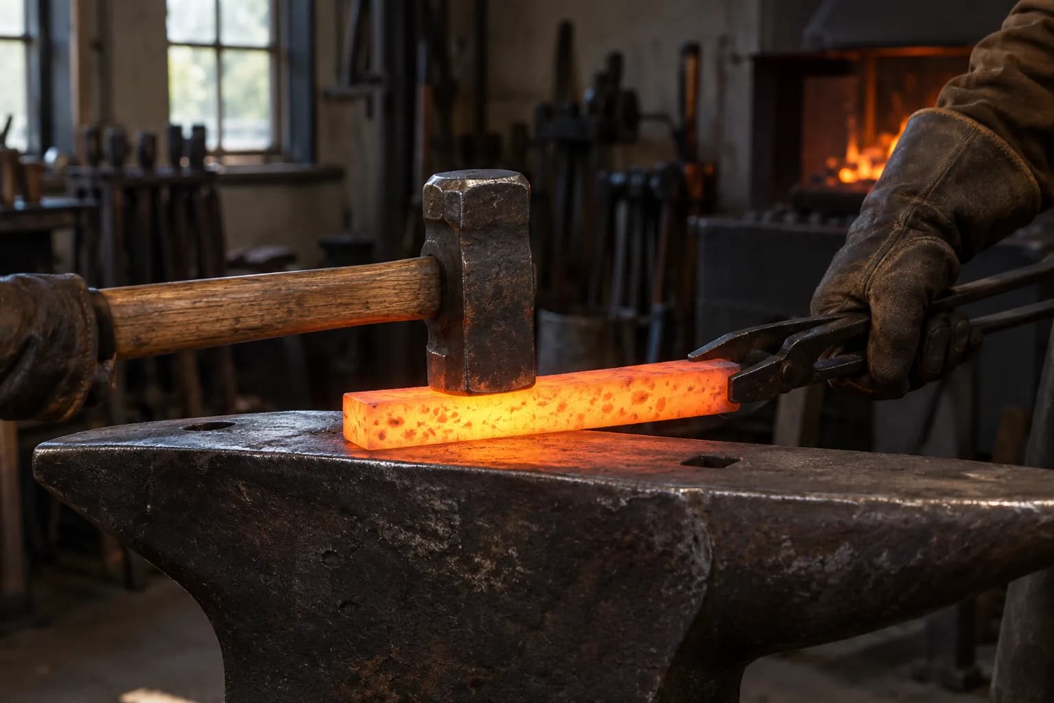 Sledgehammer with a flat face resting on a glowing orange dimpled bar on an anvil, held by gloved hands and tongs
