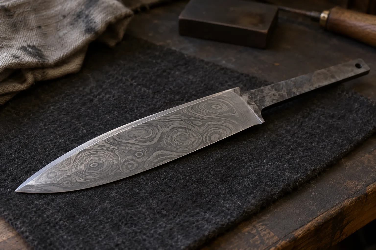 Etched Damascus blade with an integral tang, showing irregular concentric raindrop rings, lying on dark felt