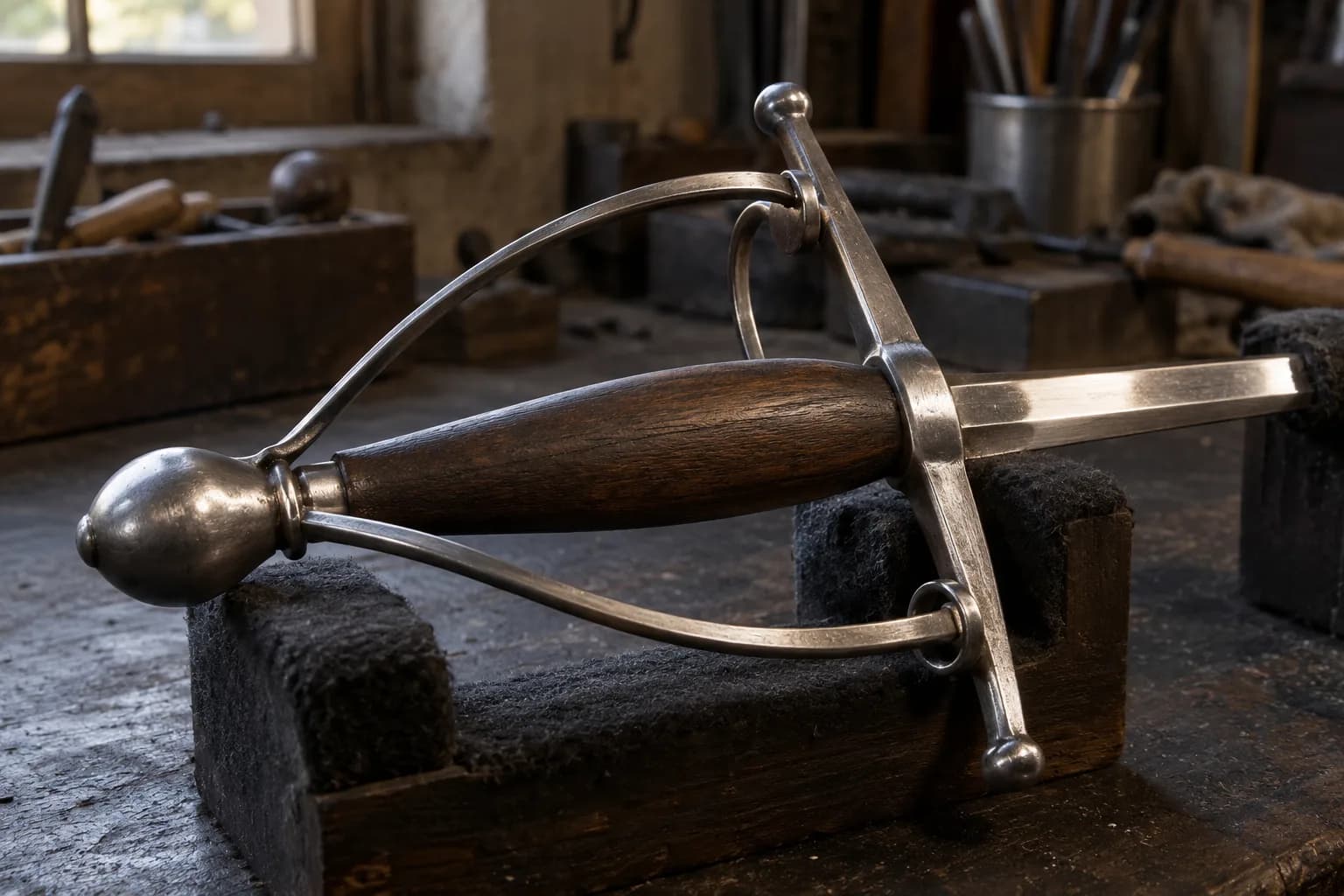 Rapier hilt with oak grip, egg pommel, swept bars, side rings and ball-ended crossguard resting on felt-lined blocks
