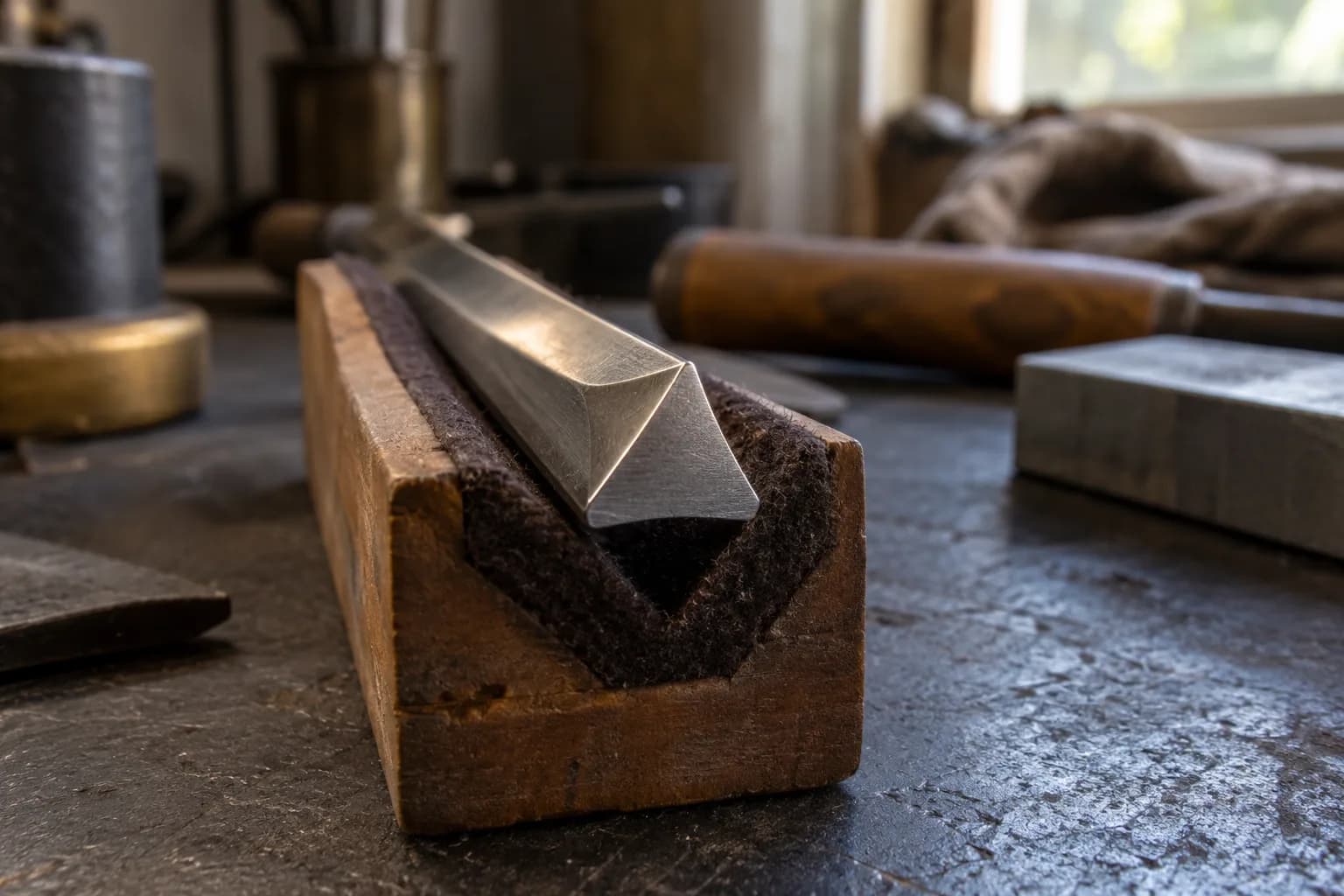 Triangular steel blade-section sample with shallow concave faces resting in a felt-lined wooden V-cradle on a dark bench