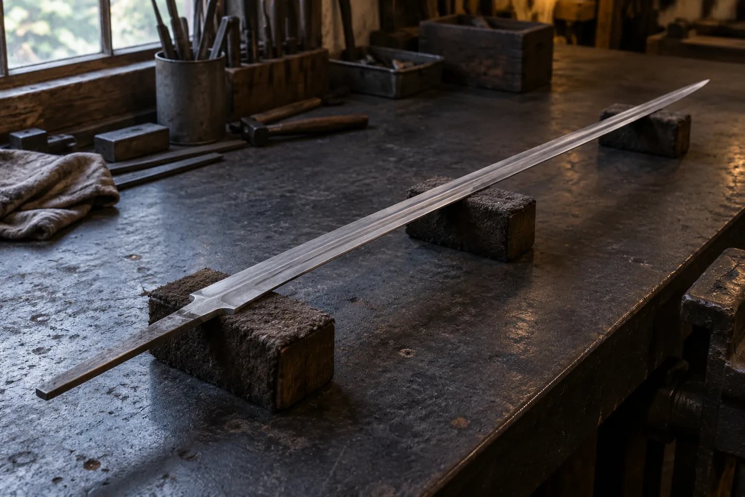 Long narrow rapier blade blank with central ridge and tang lying on three padded wooden blocks on a dark bench