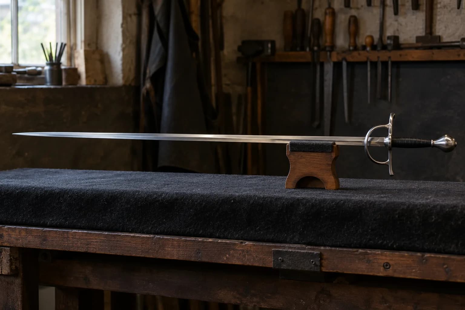 Plain rapier lying level on a felt-topped wooden cradle just ahead of its ring guard, on a padded black bench in a shop