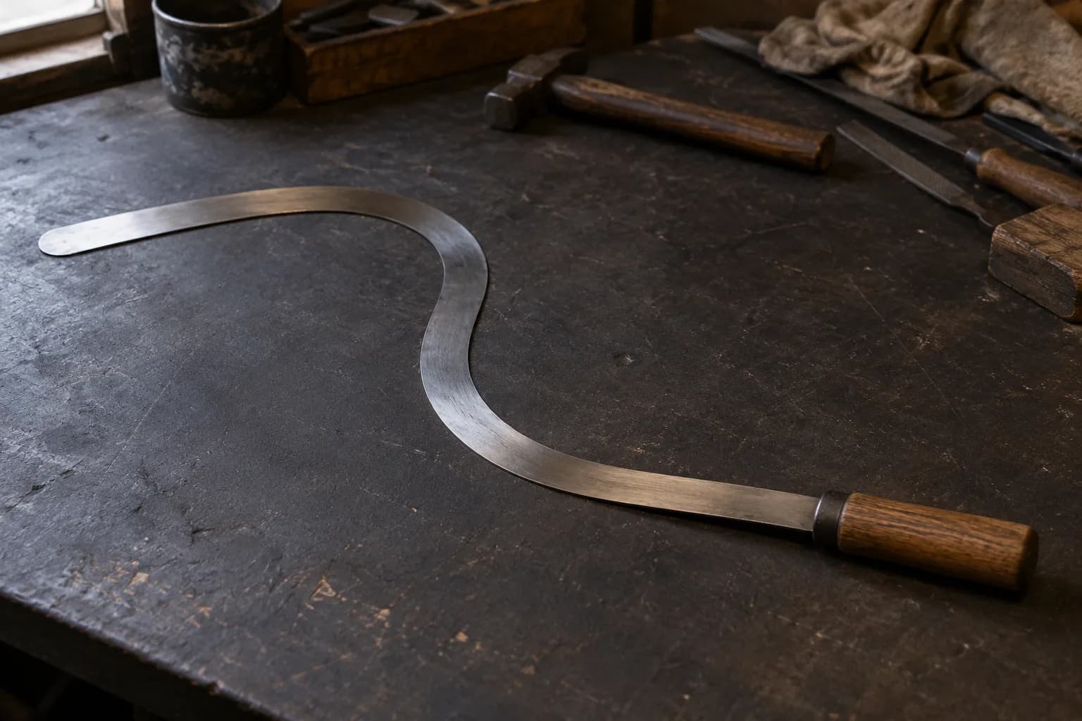 Thin blunt steel strip with an oak grip lying flat in a long S-curve on a dark workbench, hammer and files beside it