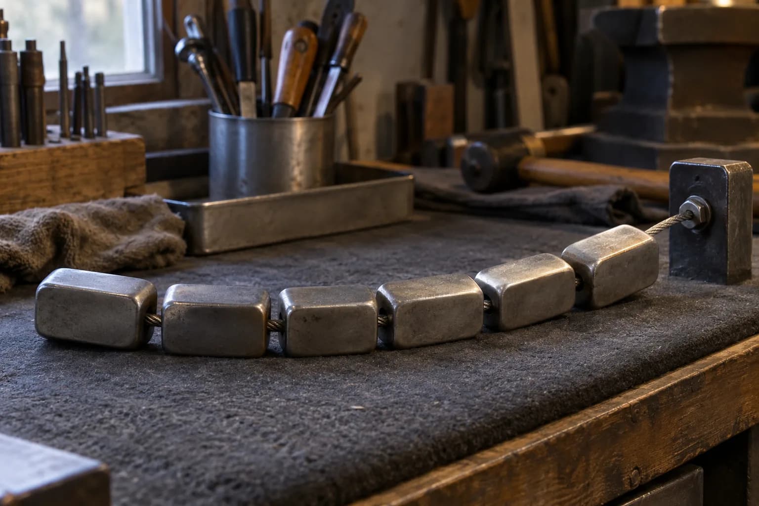 Six blunt rounded steel blocks threaded on a slack cable, lying in a curve on a padded bench and anchored to a steel block