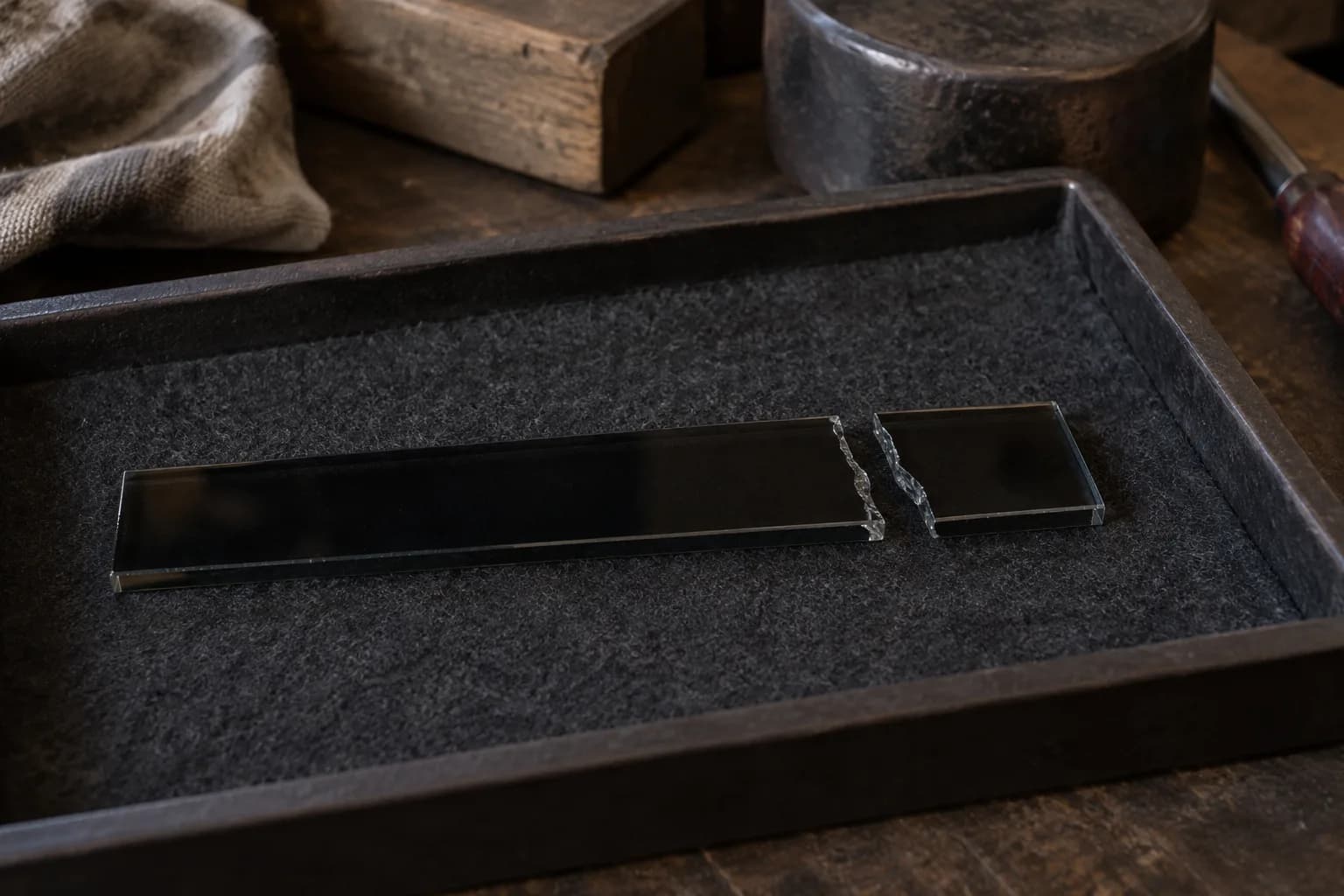 Dark glass test strip snapped in two with a jagged fracture face, both pieces lying in a felt-lined tray on a shop bench.