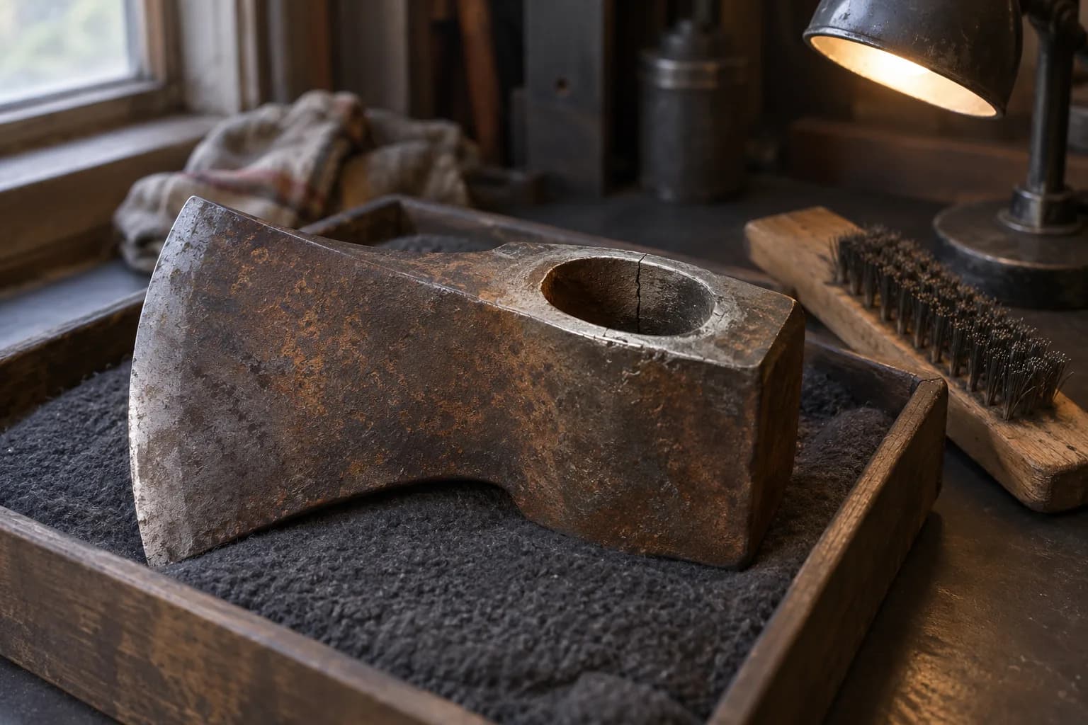 Rusty old axe head upright in a felt-lined tray, wire-brushed eye showing a fine crack, with a brush and lamp beside it
